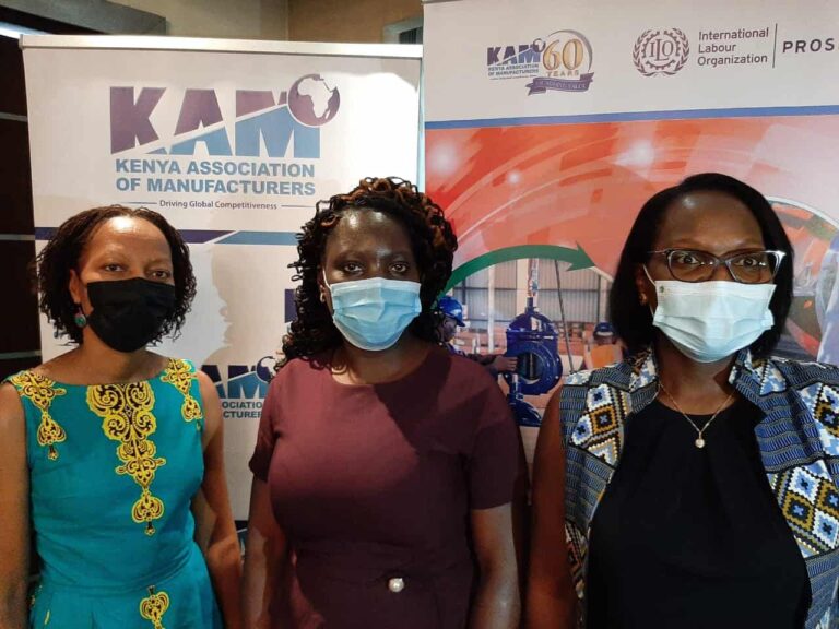 UN-ILO Industrial Welding Workshop.Carol Njuki ILO, Miranda Pendo of KAM and Jane Muigai-Kamphuis of Toolkit iSkills